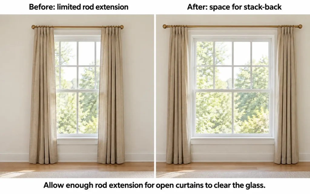 Before-and-after views show open curtains covering window glass and resting beside the frame on a longer rod