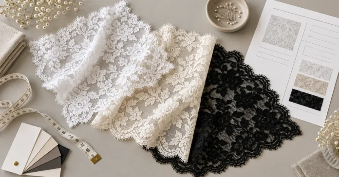 White, ivory, and black lace fabric samples beside a measuring tape and color reference cards.