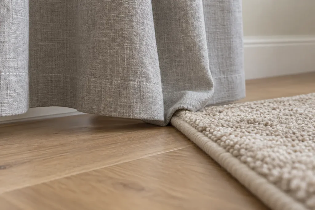 Grey curtain hem catching and bunching against a raised beige rug edge
