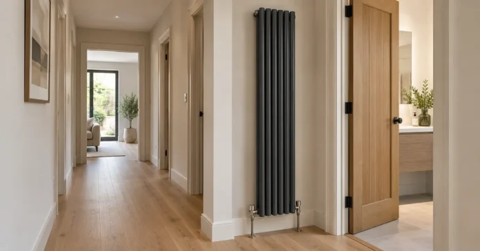 Slim charcoal vertical radiator beside a doorway in a narrow hallway with light oak flooring.