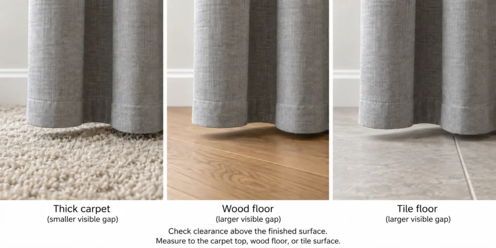 Grey curtain hems with a smaller visible gap over thick carpet and larger gaps over wood and tile