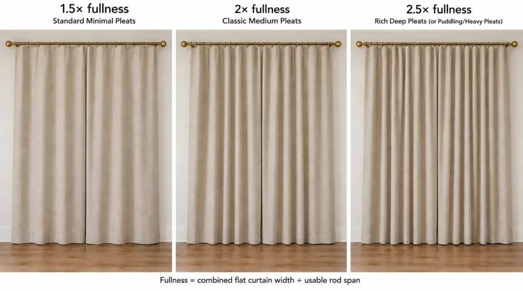 The same window with closed beige curtains at 1.5×, 2× and 2.5× fullness