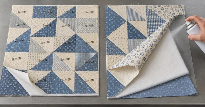 Side-by-side quilt panels showing spray basting and safety pin basting on a production worktable.