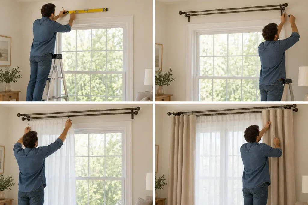 Four steps showing double rod installation and hanging sheer and outer curtains