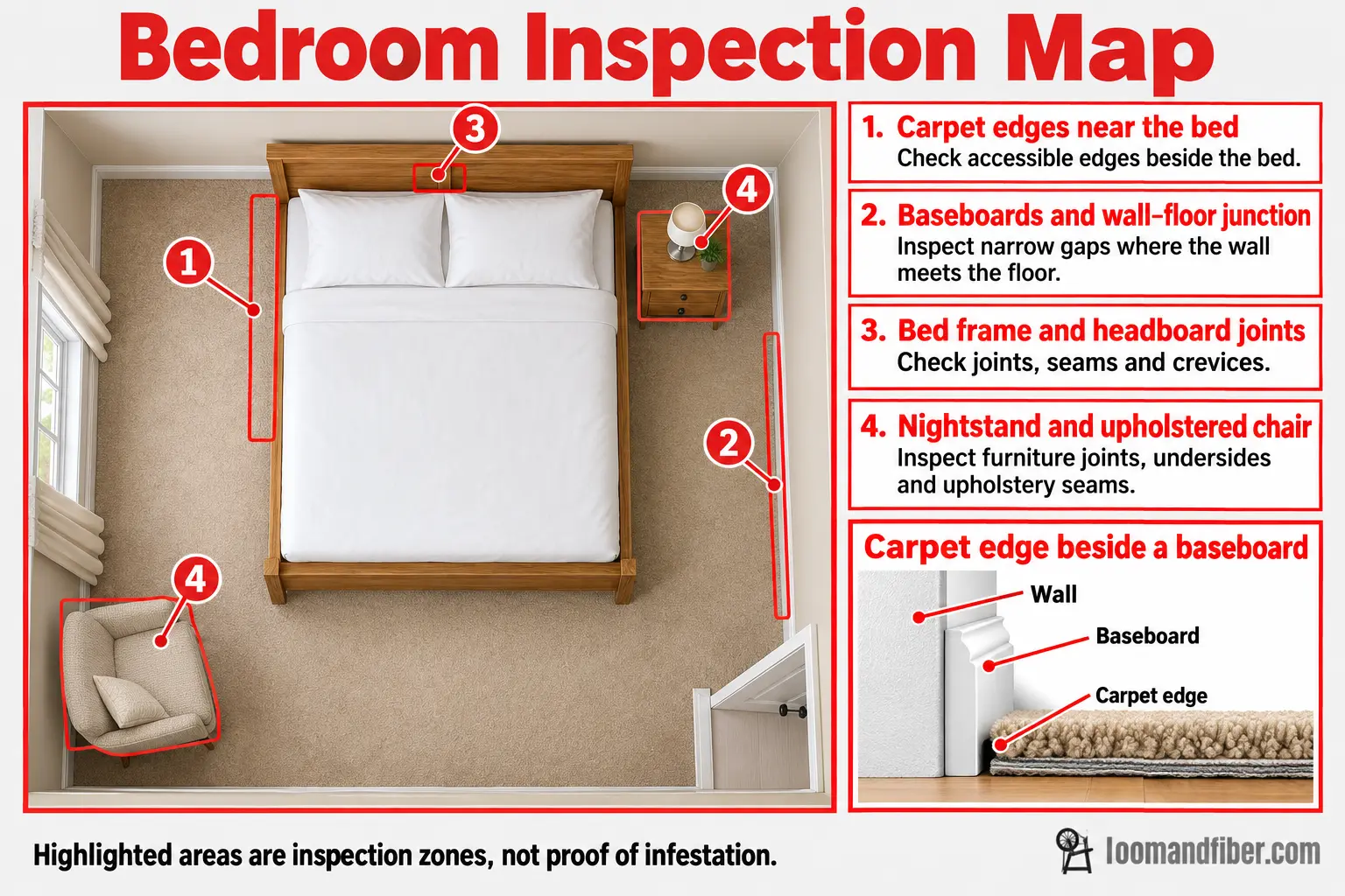 Bedroom map highlighting carpet edges, baseboards, bed frame joints and furniture for bed bug inspection.