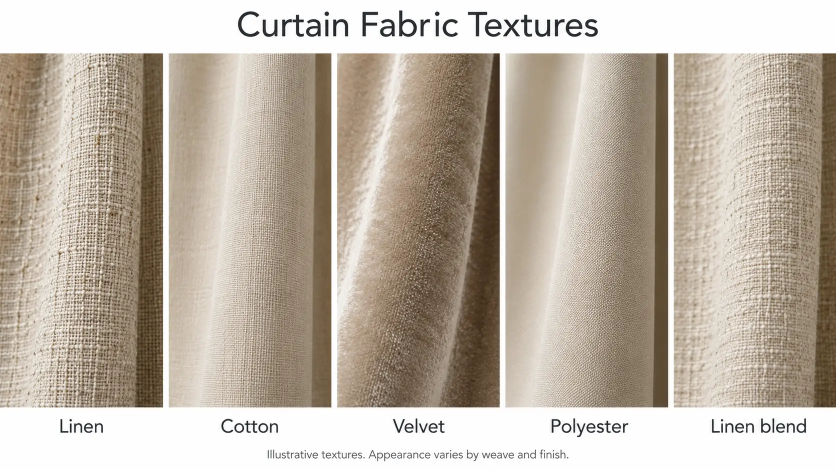 Labelled neutral curtain fabric samples showing linen, cotton, velvet, polyester and a linen blend