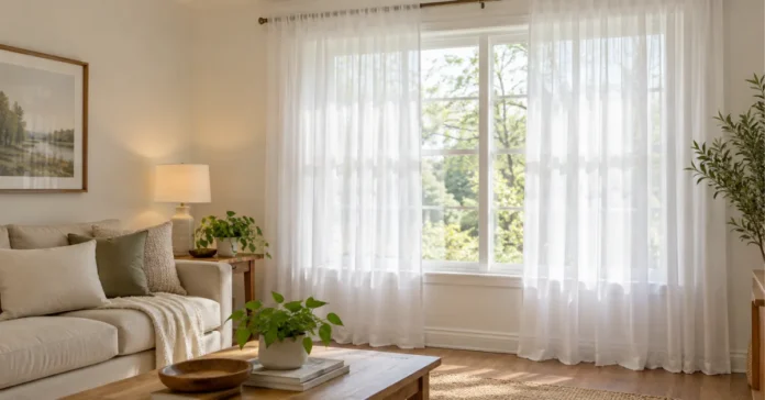 White sheer curtains filtering sunlight in a living room with neutral furniture and green plants
