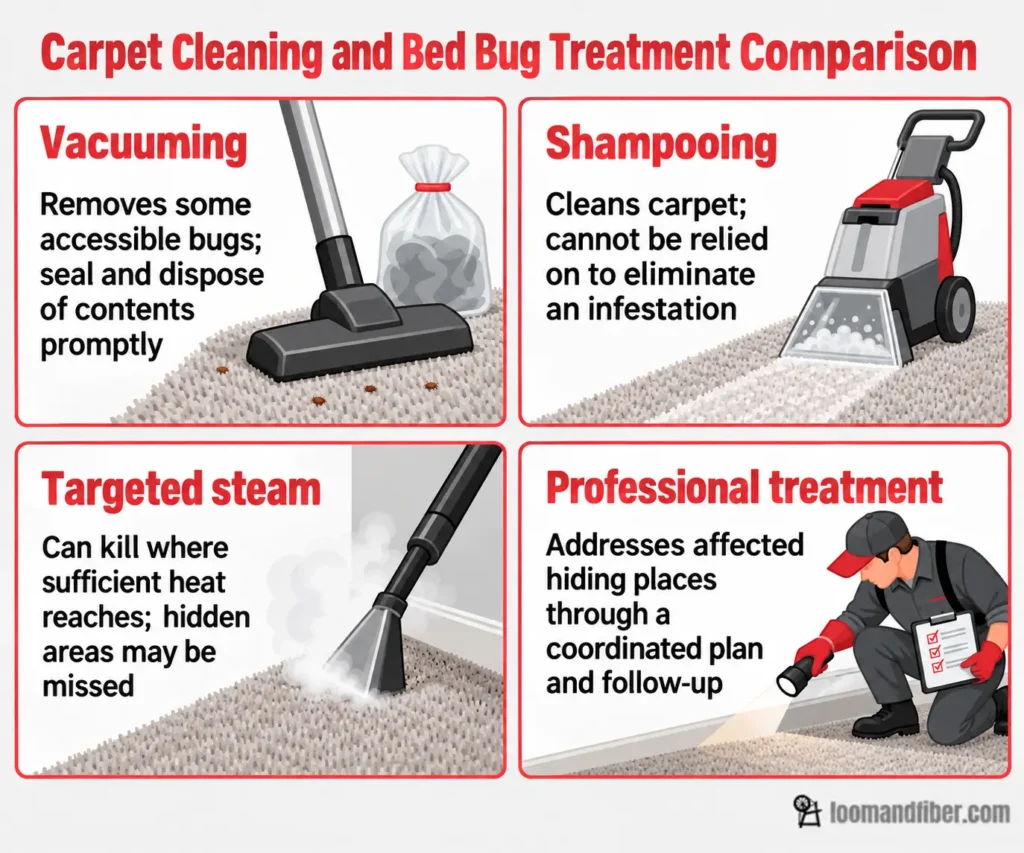 Comparison of vacuuming, shampooing, targeted steam and professional treatment for bed bugs in carpets.