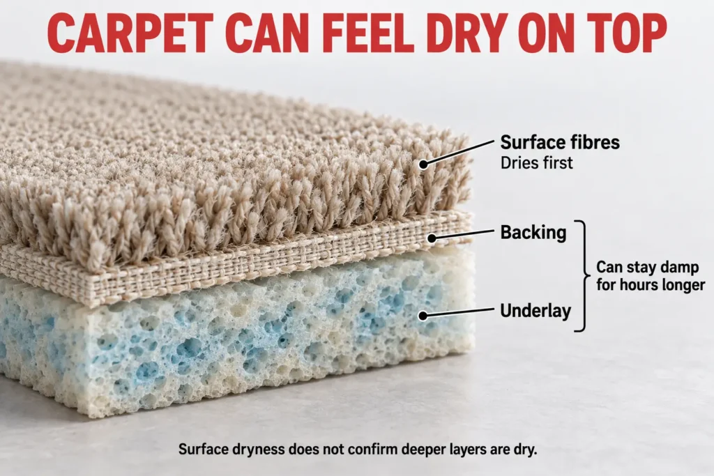 Carpet cross-section showing surface fibres drying before the backing and underlay