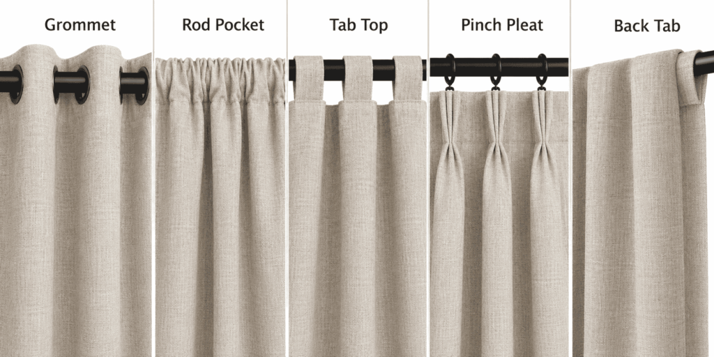 Grommet, rod pocket, tab top, pinch pleat and back tab curtain headers compared in matching oatmeal fabric