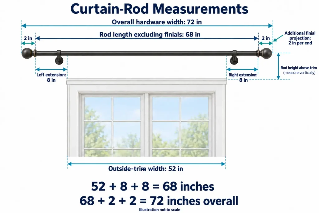 Curtain rod diagram showing 52-inch trim width, two 8-inch extensions, and 72-inch overall hardware width