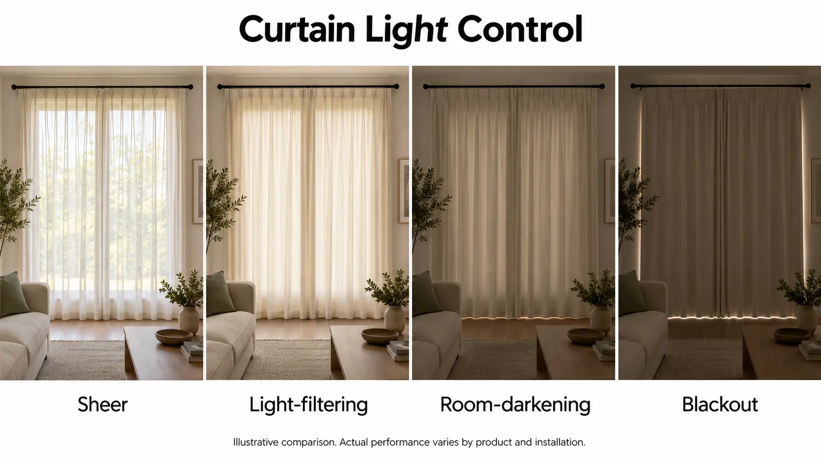 Four matching windows comparing sheer, light-filtering, room-darkening and blackout curtains