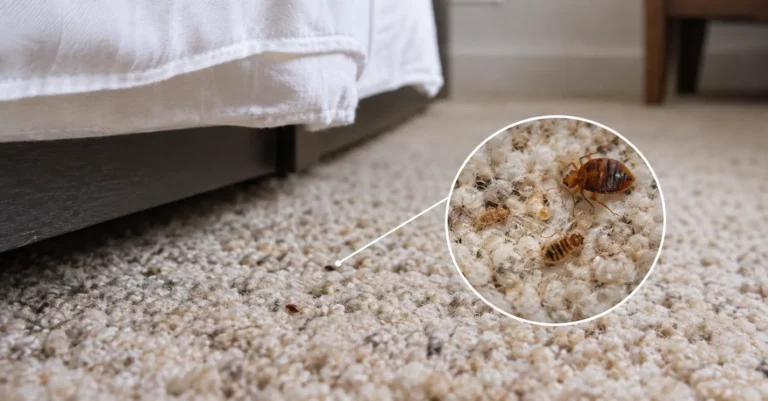 Carpet beside a bed with a magnified inset showing bed bugs among the fibres