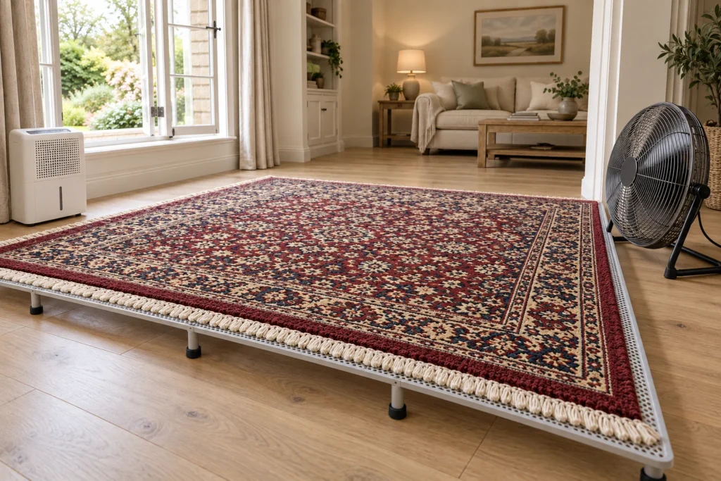 Patterned wool rug on a raised drying platform beside a fan and open window