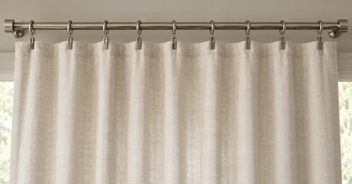 Neutral linen curtain hanging from evenly spaced clip rings, with supported edges and neat folds