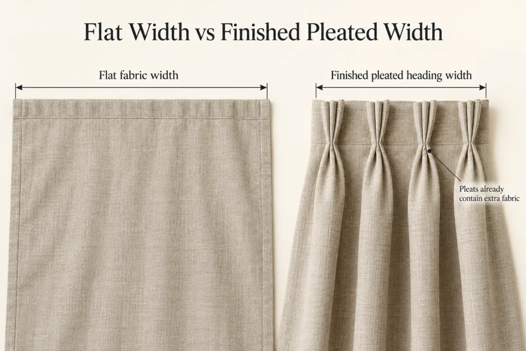 An unpleated curtain measured across its flat width beside a pinch-pleat curtain measured across its finished heading