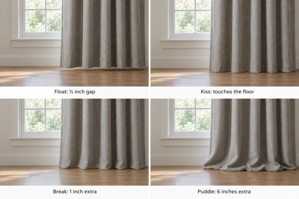 Grey curtains shown in float, kiss, break and puddle lengths above a wood floor