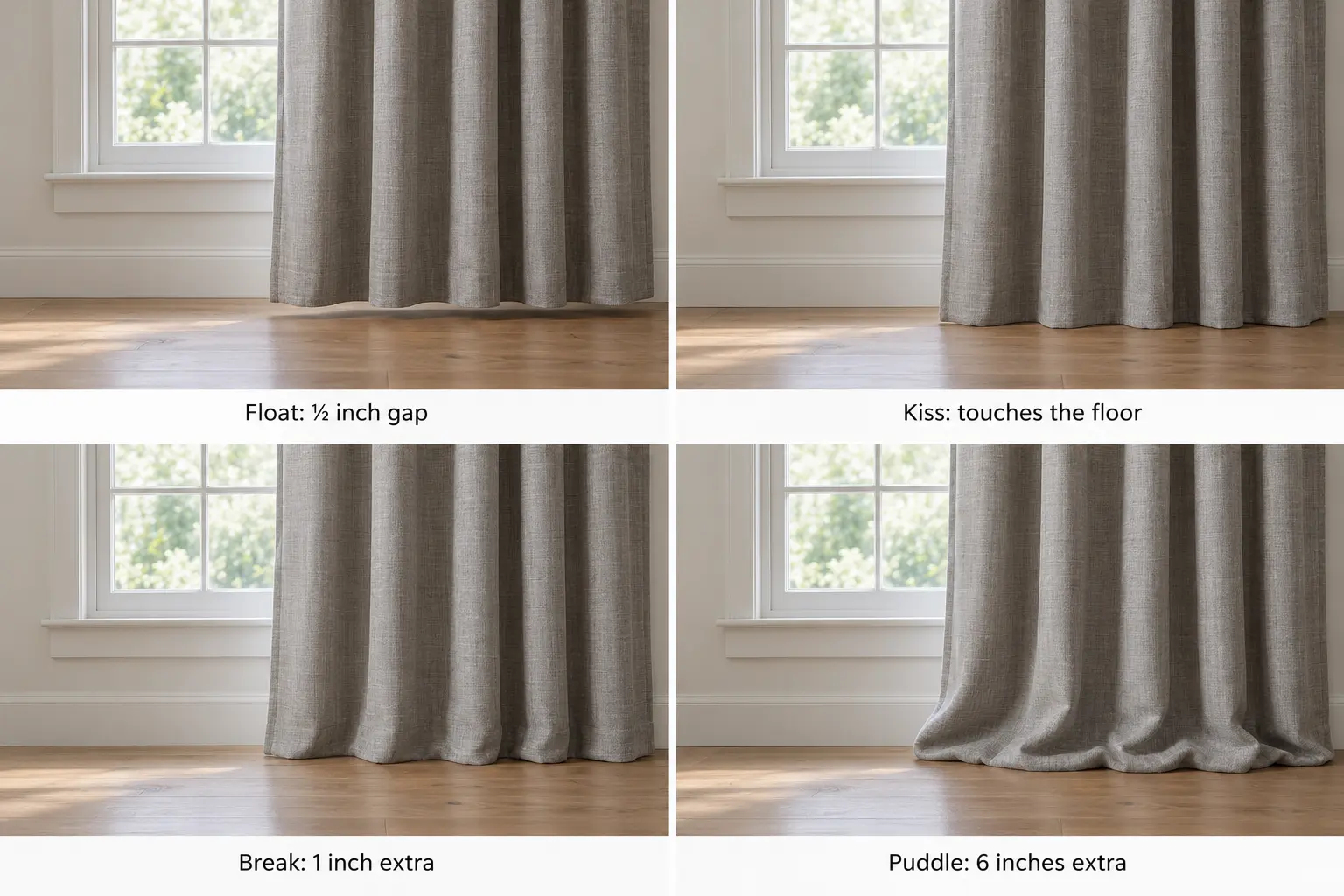 Grey curtains shown in float, kiss, break and puddle lengths above a wood floor