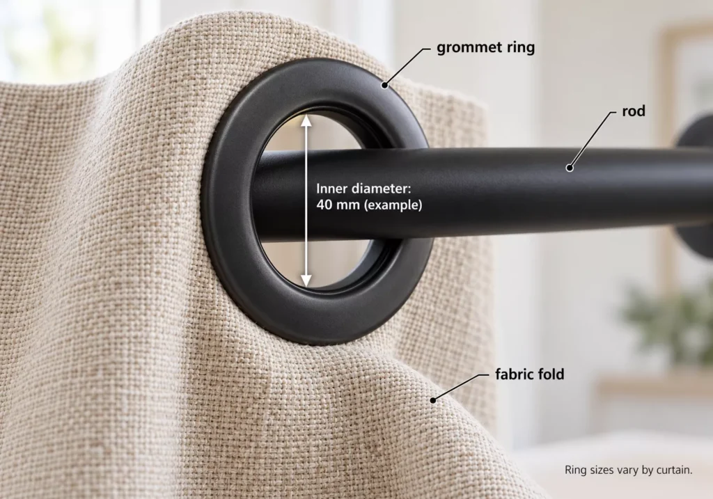 Close-up of a curtain grommet showing the ring, rod, fabric fold and example 40 mm inner diameter.