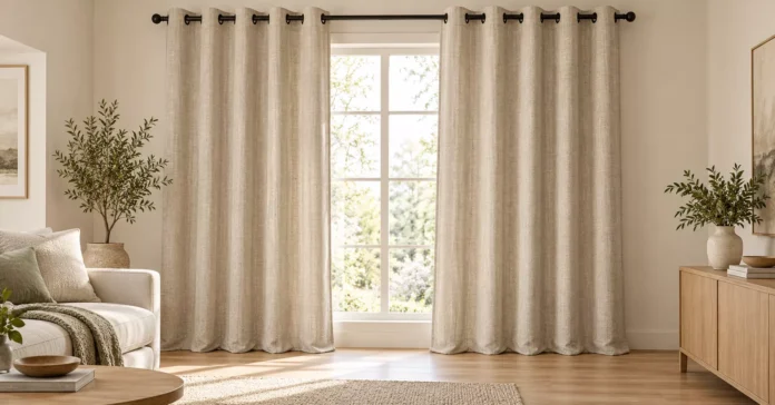 Floor-length grommet curtains with even waves hanging on a black rod in a modern living room