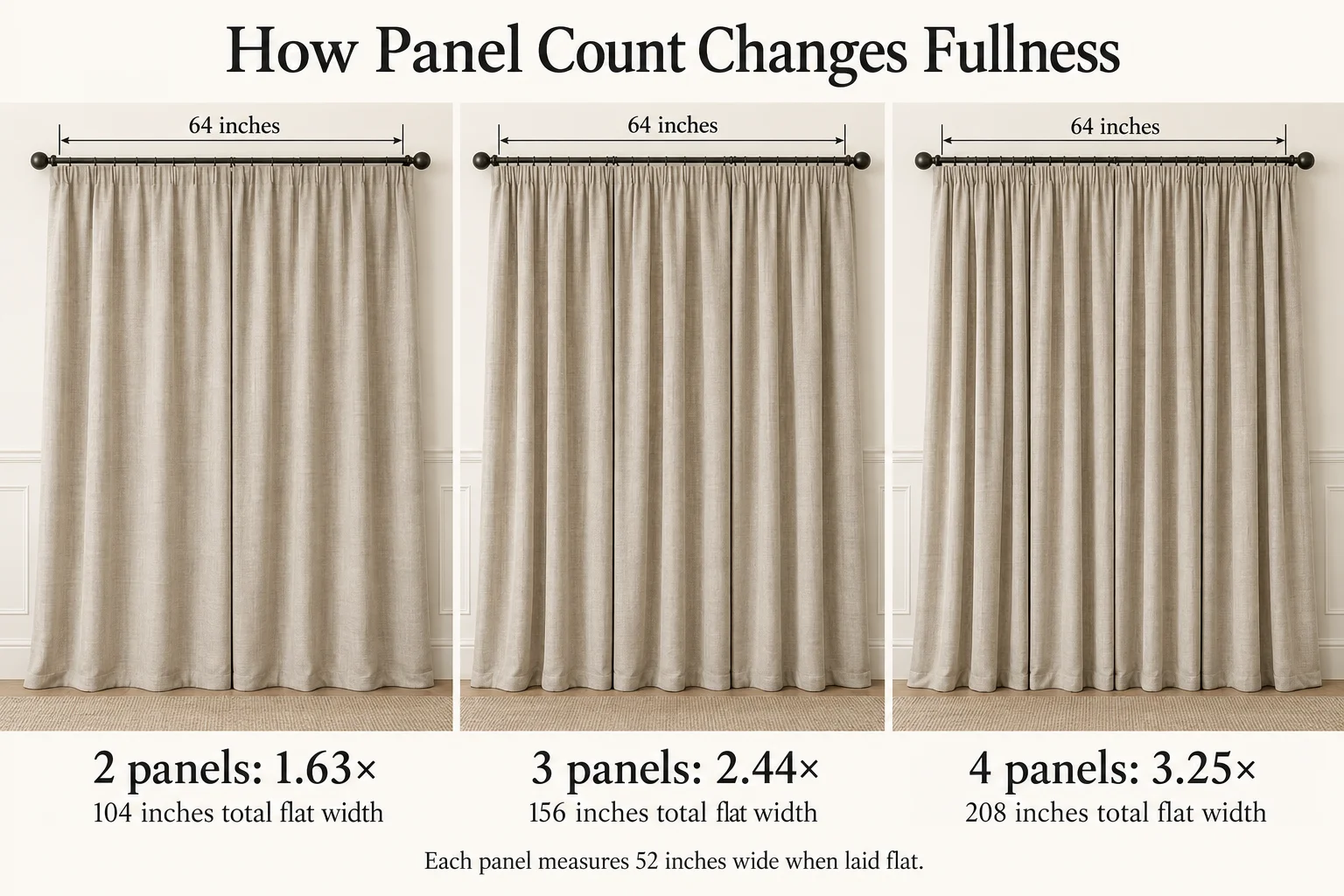 Two, three and four curtain panels covering equal 64-inch rod spans with progressively fuller folds