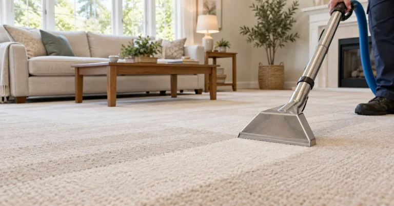 Extraction wand cleaning a beige living-room carpet with visible cleaning lines