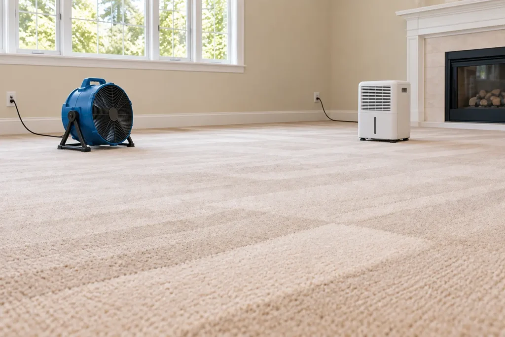 Floor fan and dehumidifier drying a beige carpet in an empty room with closed windows