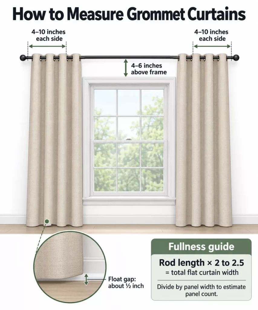 Grommet curtain measuring guide showing rod height, side extensions, floor clearance and curtain fullness formula