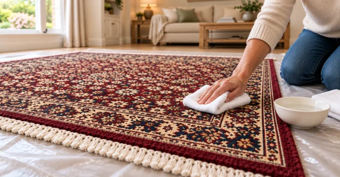 Hand gently cleaning a patterned wool rug with a white cloth
