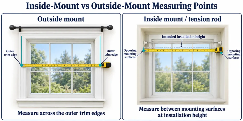 Two window diagrams comparing outer-trim measurements with inside-mount measurements between opposing surfaces