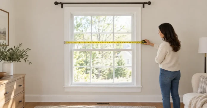 Person measuring across the outside edges of window trim beneath a curtain rod.