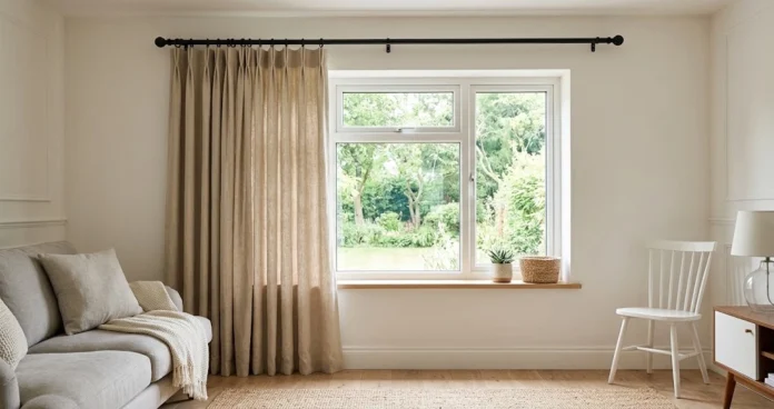 Beige curtains partly open with clear folds and a rod extending beyond the window frame