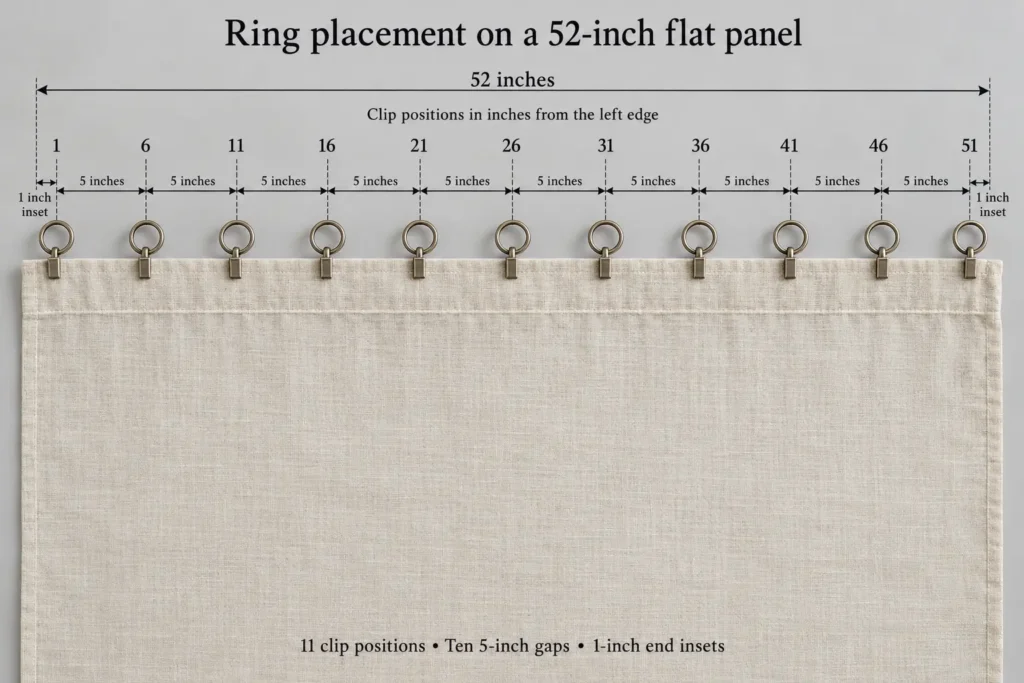 Eleven clip positions on a 52-inch curtain panel, spaced five inches apart with one-inch end insets