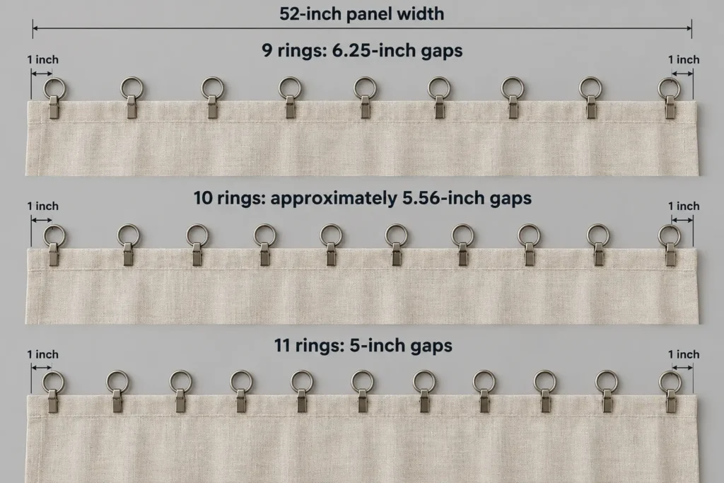 Three 52-inch curtain panels comparing 9, 10 and 11 rings with one-inch end insets