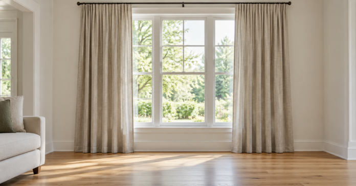 Neutral linen curtains lightly touching a wooden floor in a sunlit living room