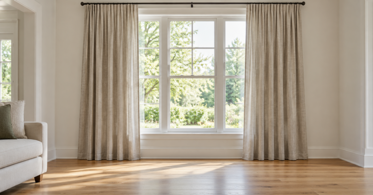 Neutral linen curtains lightly touching a wooden floor in a sunlit living room