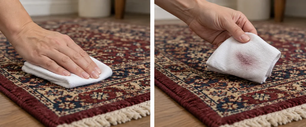 Testing a wool rug with a white cloth and checking for transferred dye