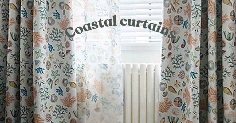 Coastal curtains hanging in a beach-themed room, featuring light colors and airy fabrics.