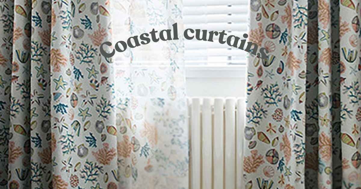 Coastal curtains hanging in a beach-themed room, featuring light colors and airy fabrics.