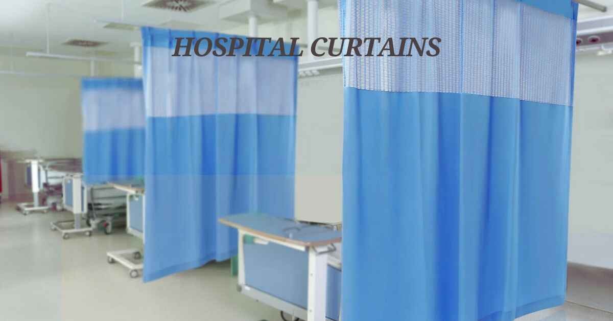 Various types of hospital curtains in a healthcare facility, ensuring patient privacy and infection control.