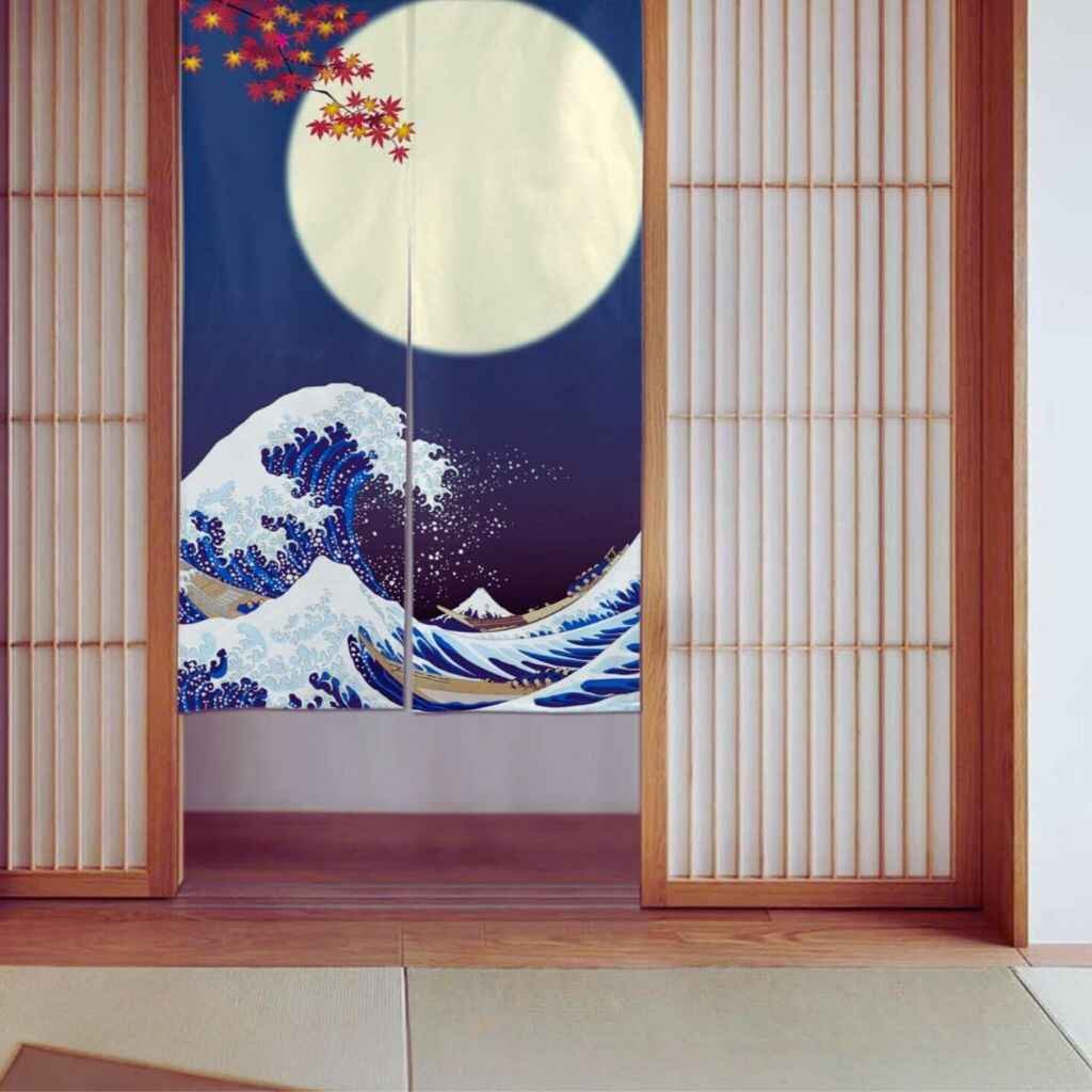 Noren curtain with a vertical slit and Japanese calligraphy in a doorway