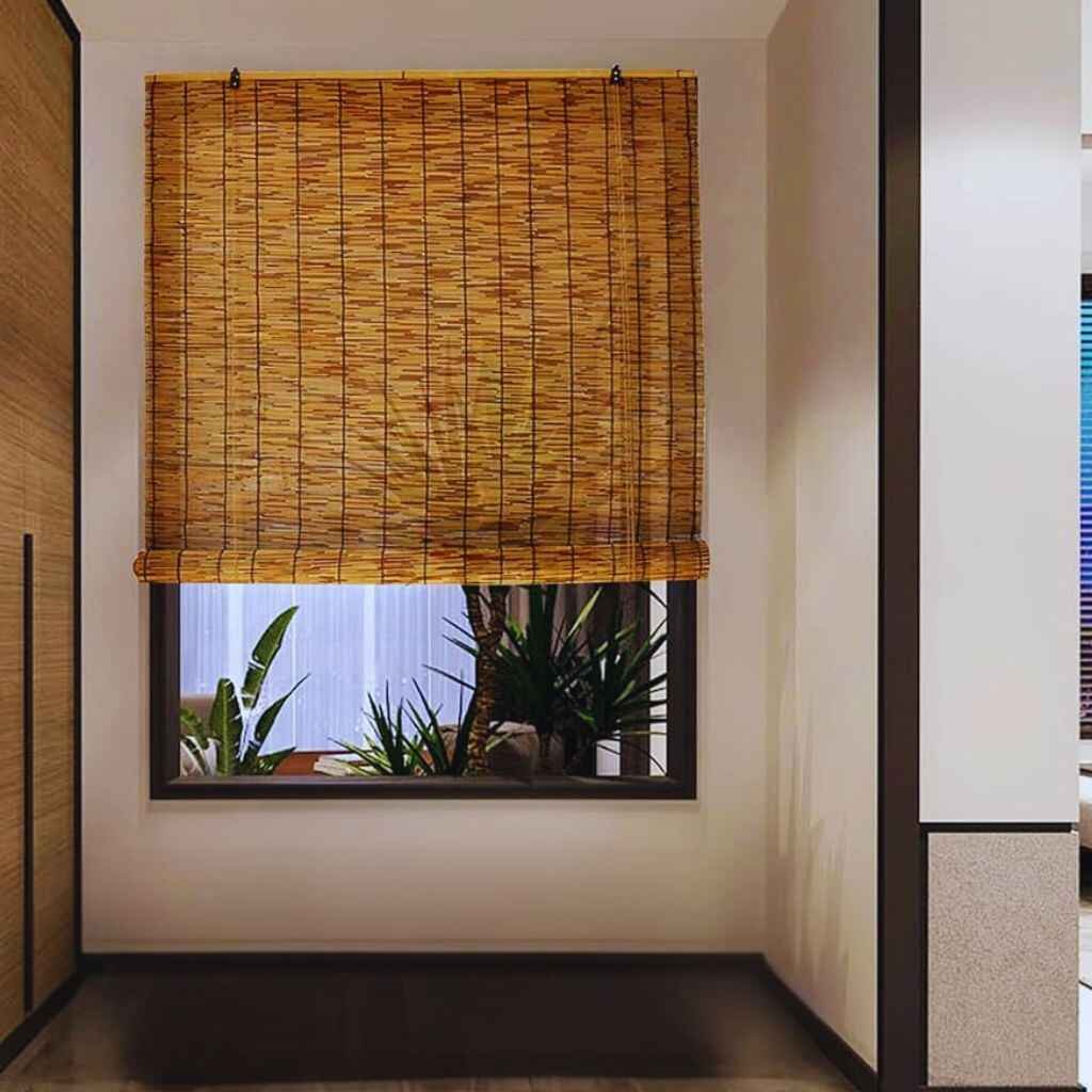 Bamboo Sudare curtains filtering sunlight into a serene space.