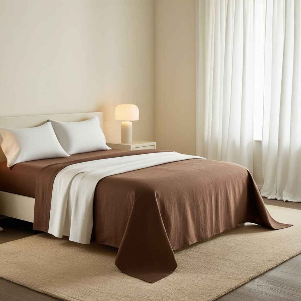 Beige bedcovers and brown beds with white goose down.