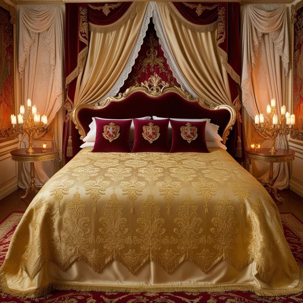 gold damask princess bedsheet with velvet pillows for a royal excursion.