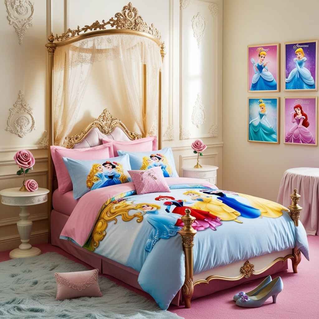 Princess bedsheet with Disney characters in a magical bedroom.