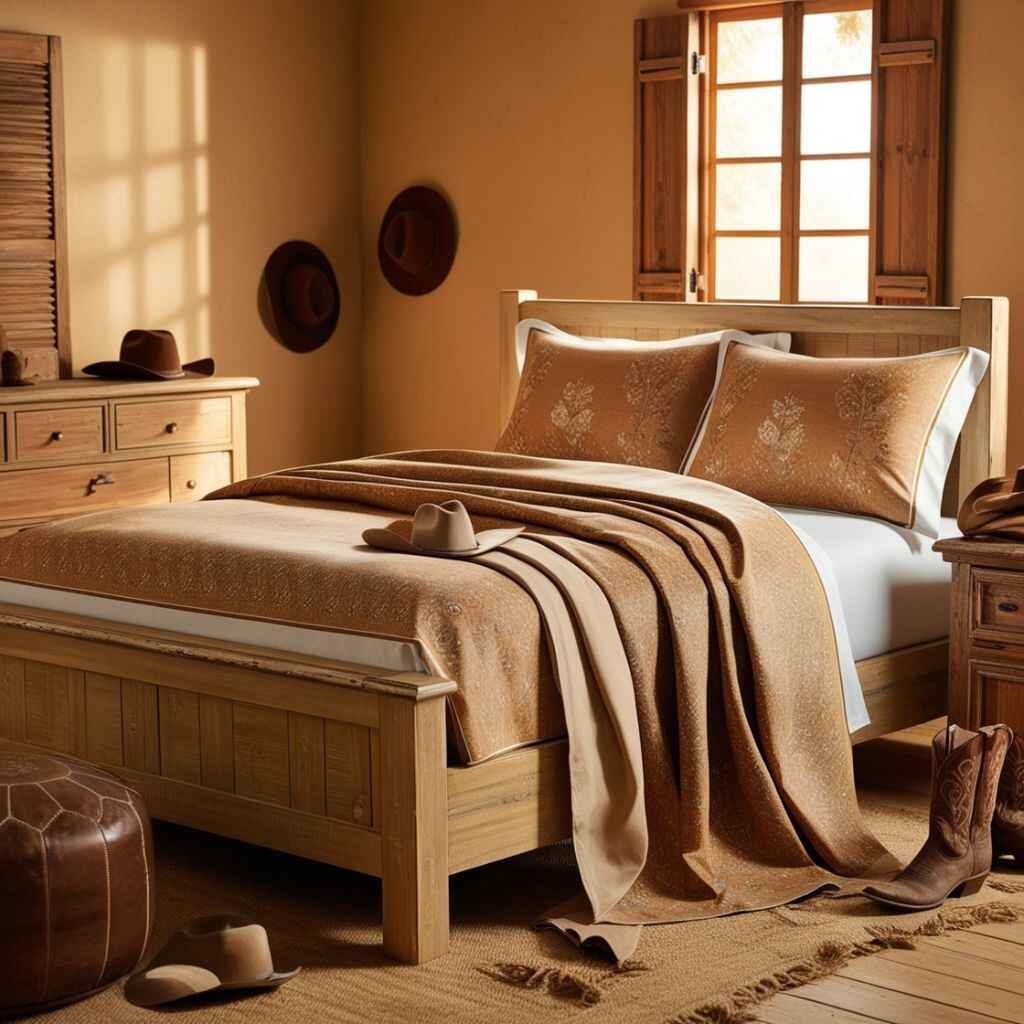 Bedroom with Western bedding in earthy tones