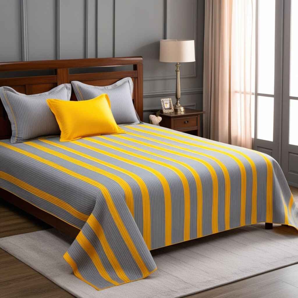 Grey sheets with mustard pillows for a pop of color.