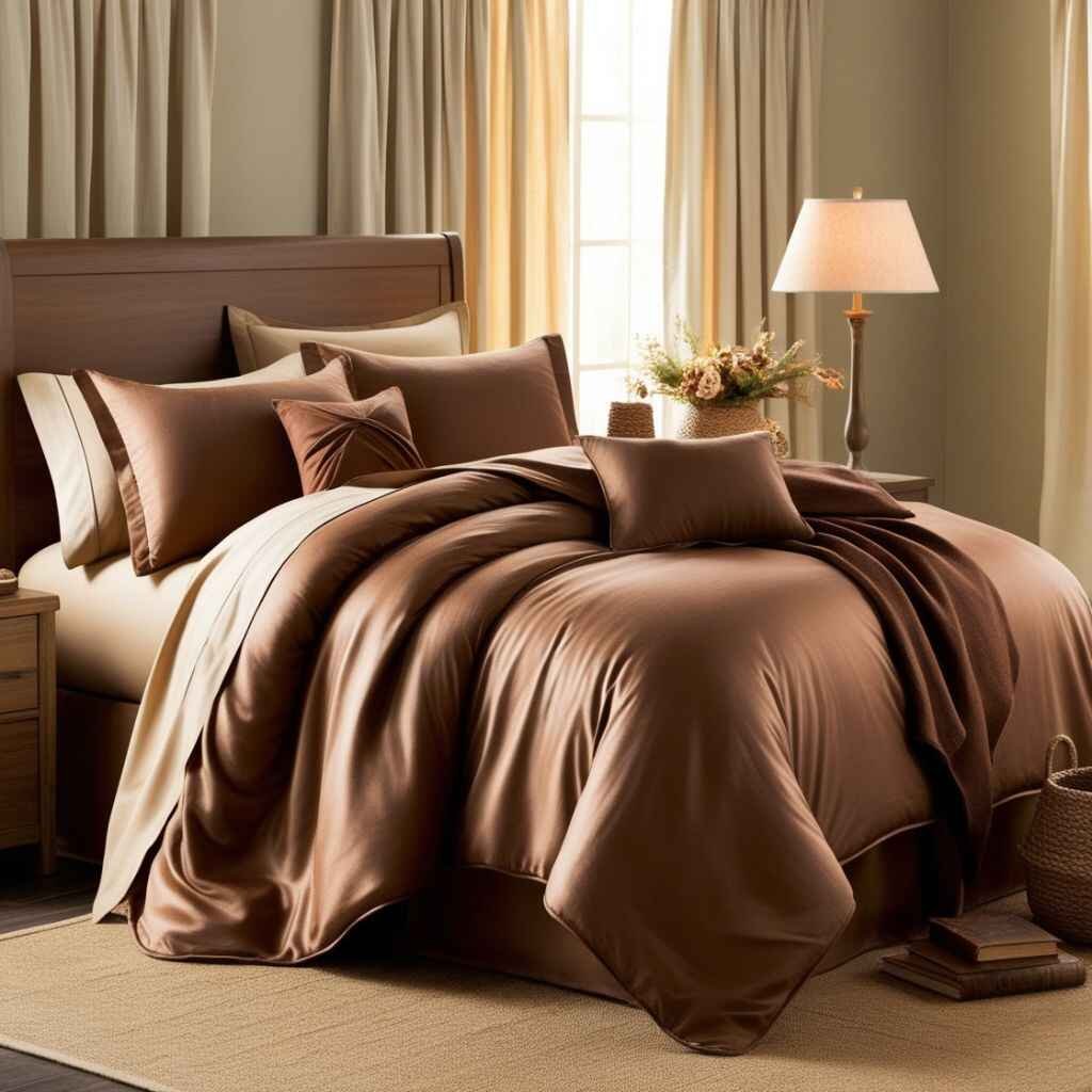 Brown sheet set in light and dark with pillows throw.