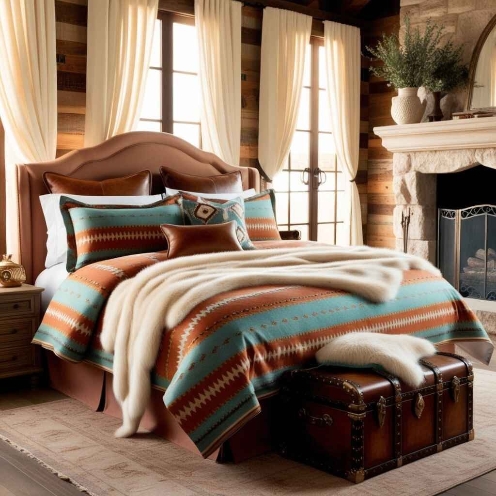 Bed with Western sheets, faux fur, and leather pillows.