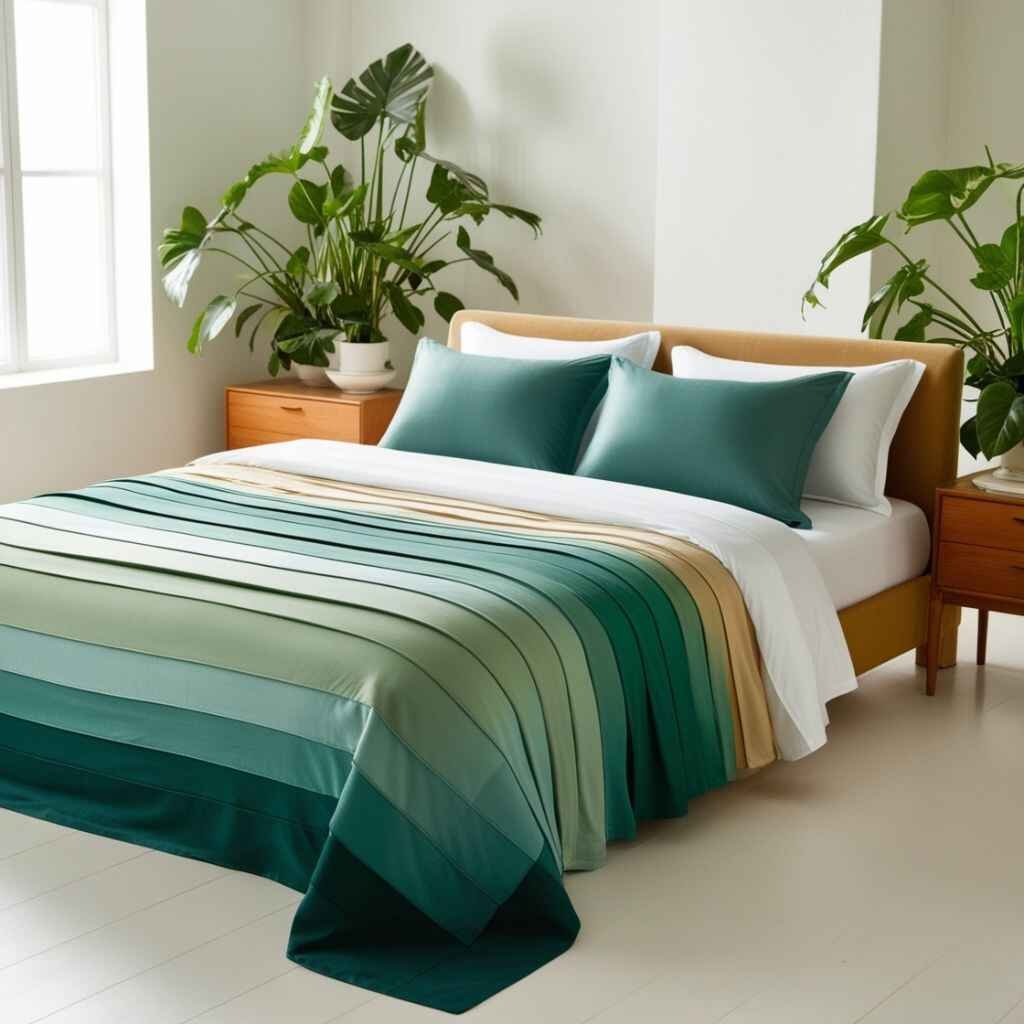 "Green bedsheets with a lot of other varying tonal layers."